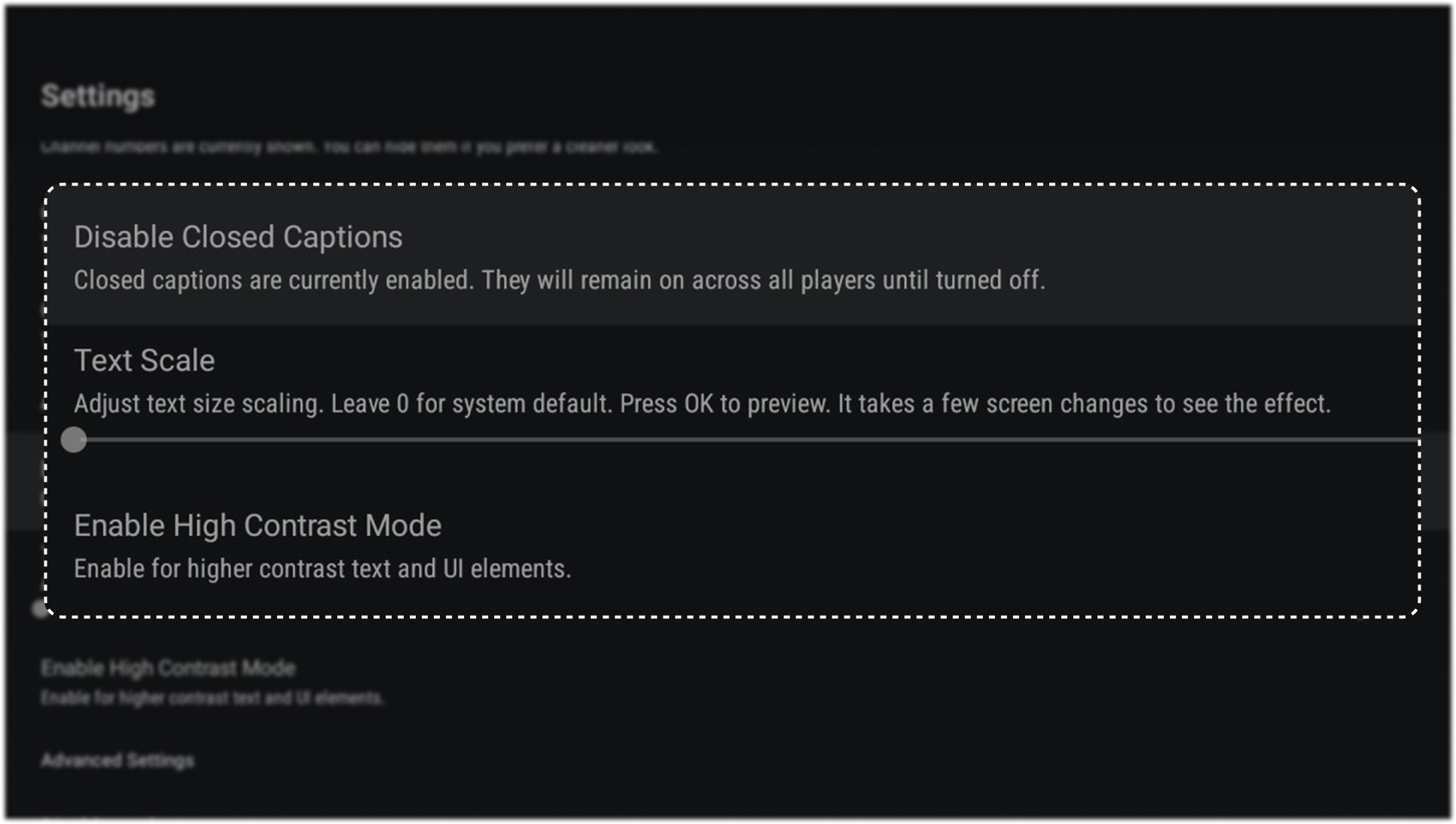 Android TV accessibility settings showing closed captions, text scale, and contrast controls