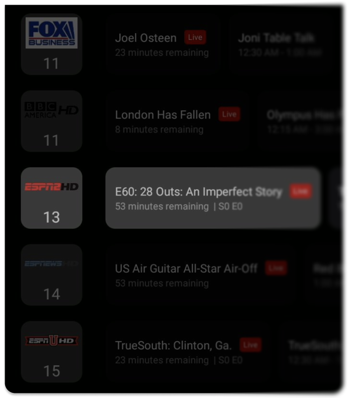 Android TV guide interface showing channel logos, channel numbers, and live programming rows