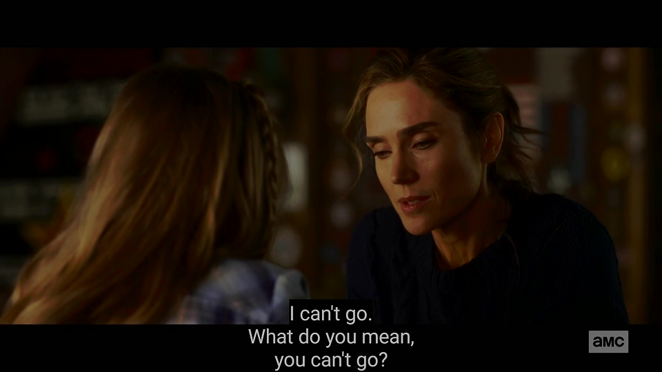 Android TV video playback showing closed captions over a movie scene
