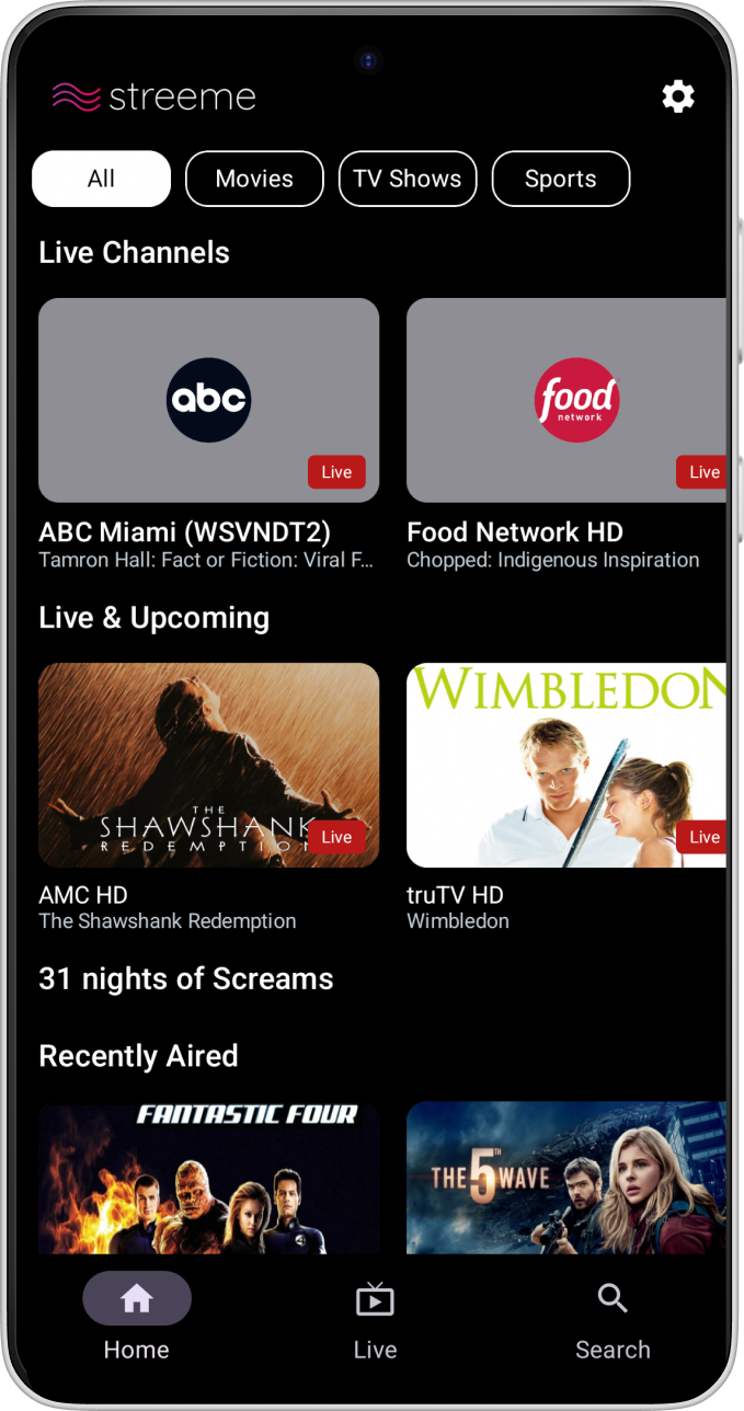 Streeme Android home screen with live channels and program cards