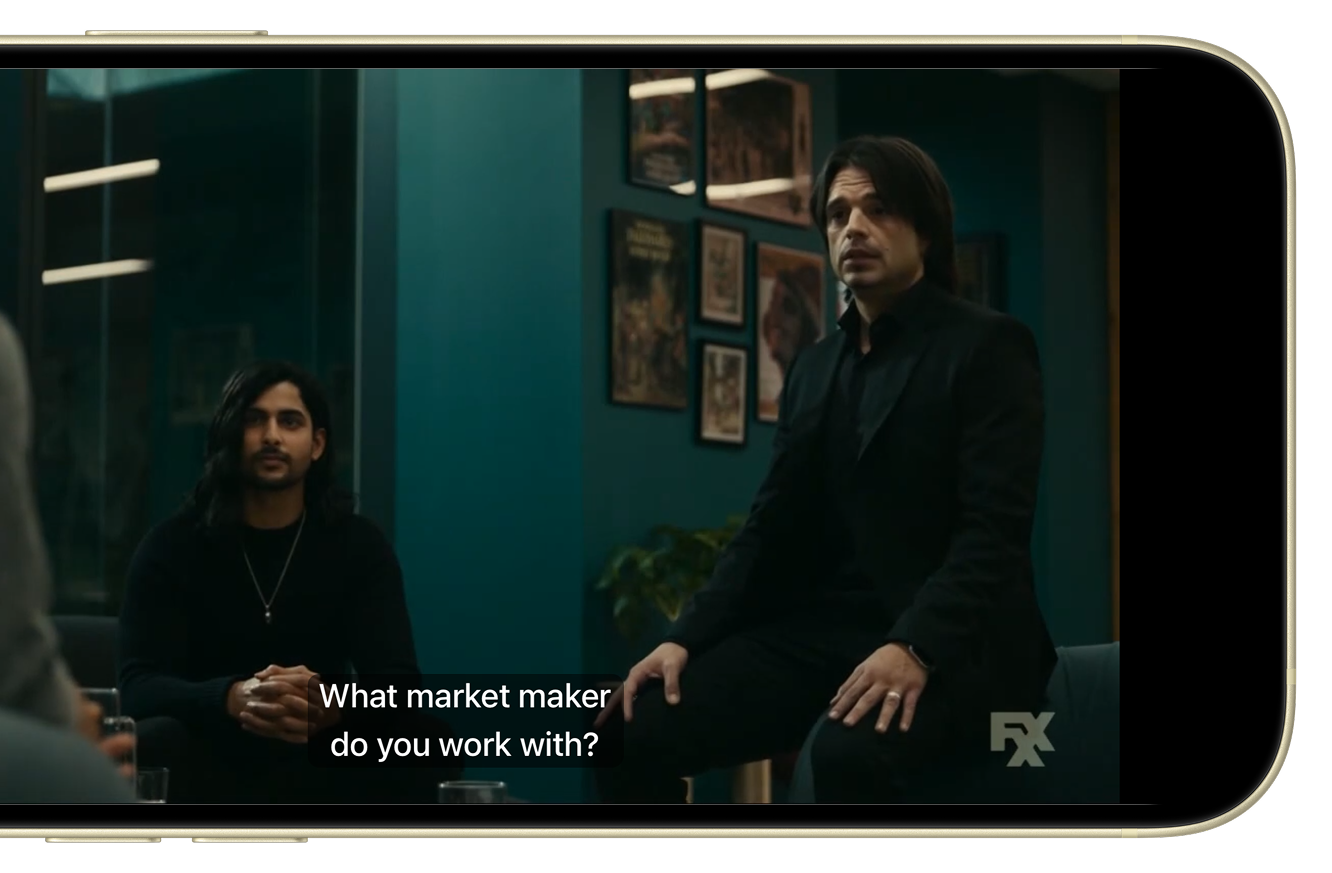 Streeme iOS player showing closed captions on a landscape iPhone
