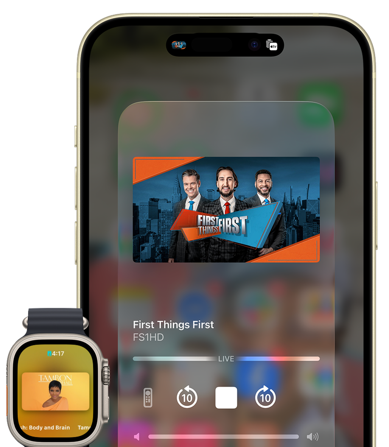Streeme iOS native playback controls shown on iPhone and Apple Watch