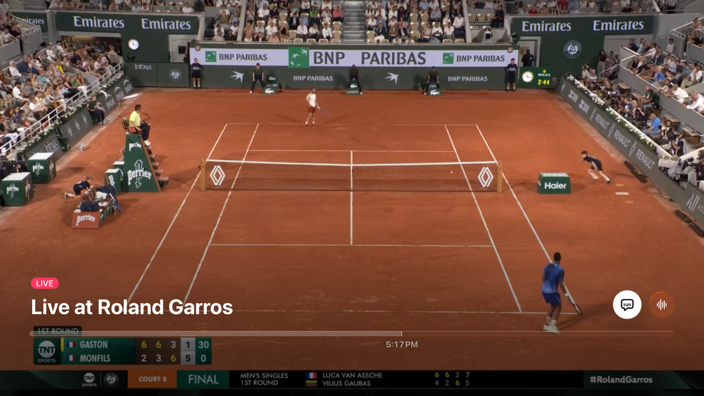 Streeme tvOS Liquid Glass player showing live tennis playback controls