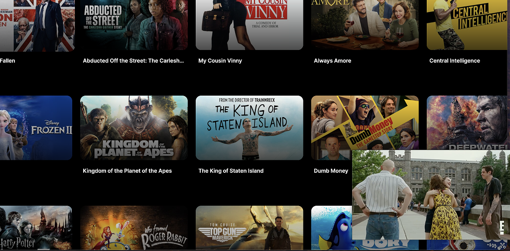 Streeme web app showing picture-in-picture video while browsing movie rows