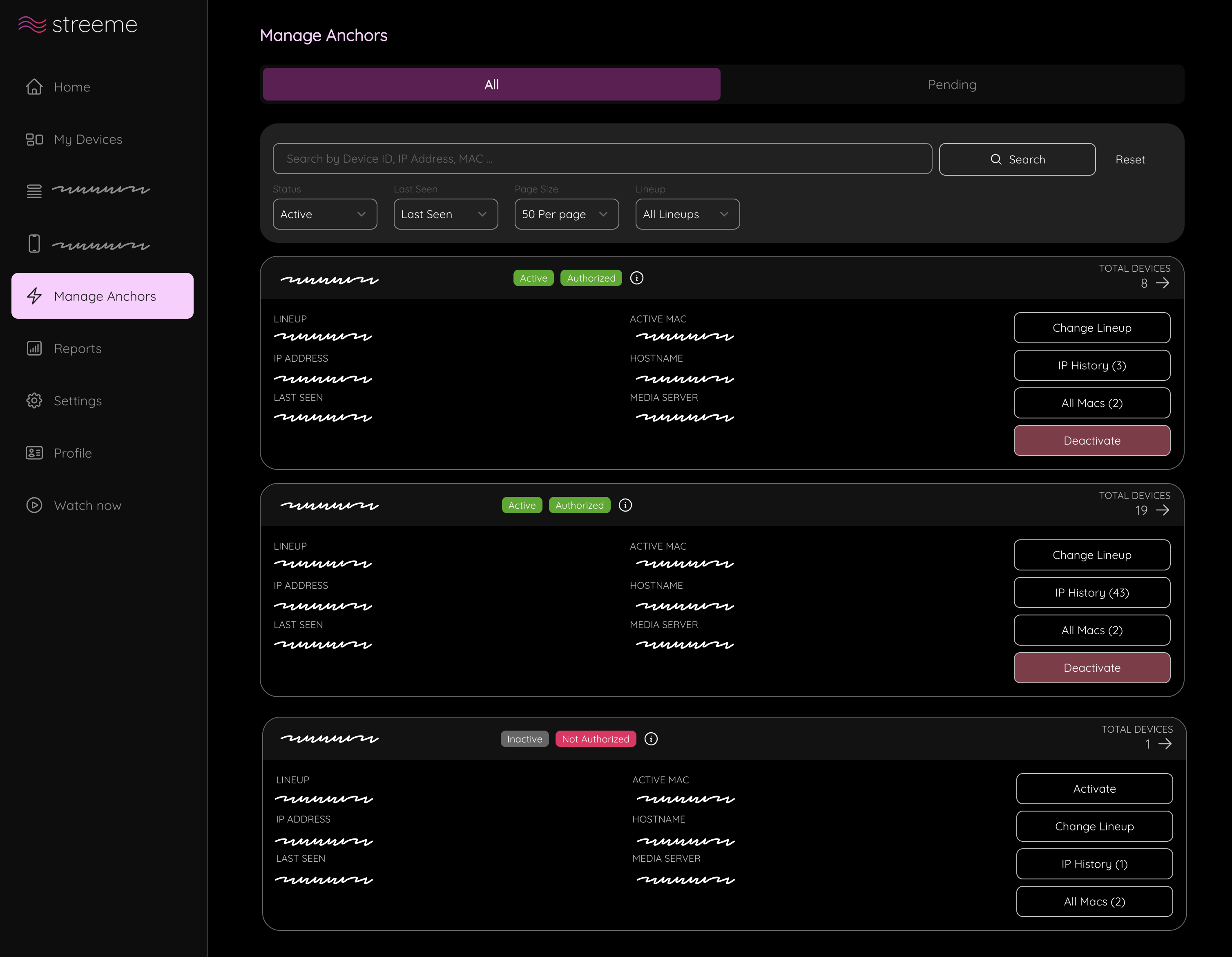 Anchor dashboard showing managed device controls, lineups, activity, and IP history