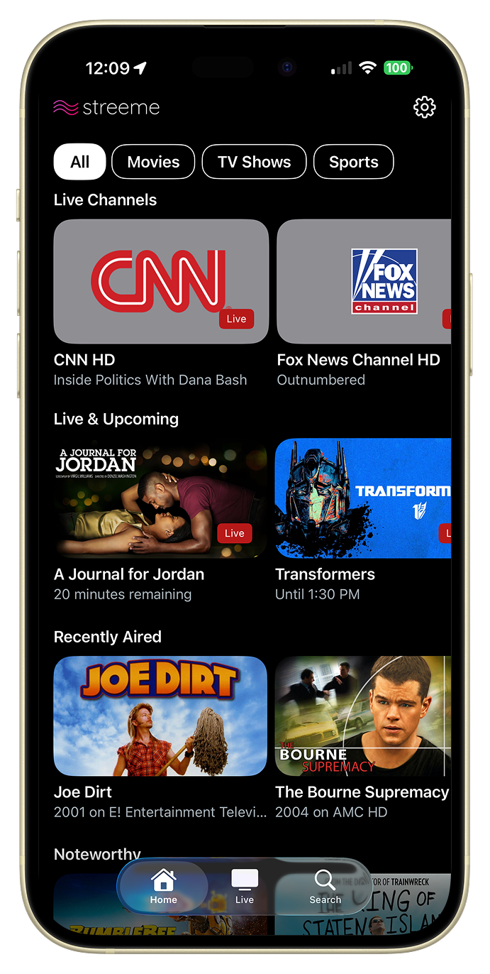 Streeme Plus iOS app interface showing live channels and content rows