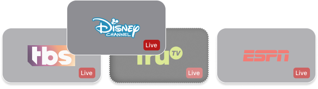 Lineup customization example showing TBS, Disney Channel, Hulu TV, and ESPN live channel cards