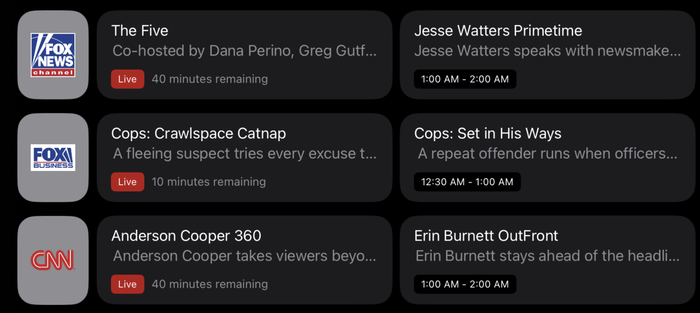 Streeme Plus TV guide with live and upcoming program rows